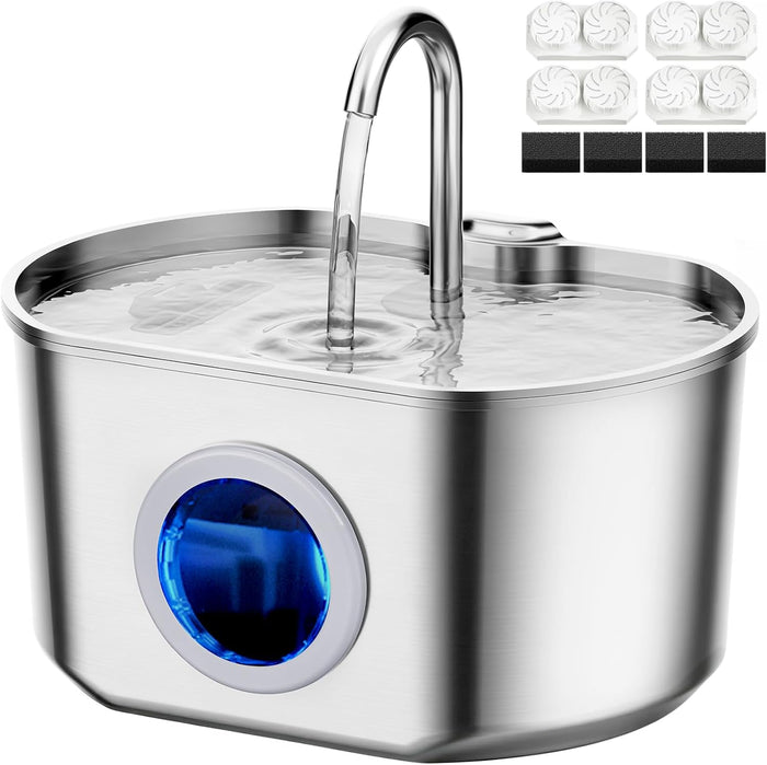 Cat Water Fountain Stainless Steel: 108oz/3.2L Cat Fountain for Drinking- Pet Water Fountain for Cats Inside - Automatic Cat Water Dispenser Bowl - Cat Feeding & Watering Supplies - Water Level Window