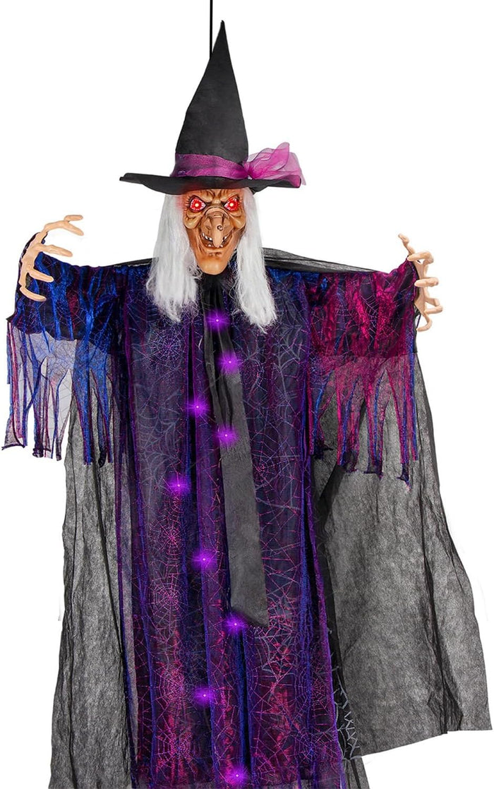 yosager 6FT Halloween Standing Witch with Scary Sound Effect & Red Eyes, Life Size Animated Scream Witch with Base, Halloween Haunted House Scary Props, Theme Park Horror Layout Party Decoration