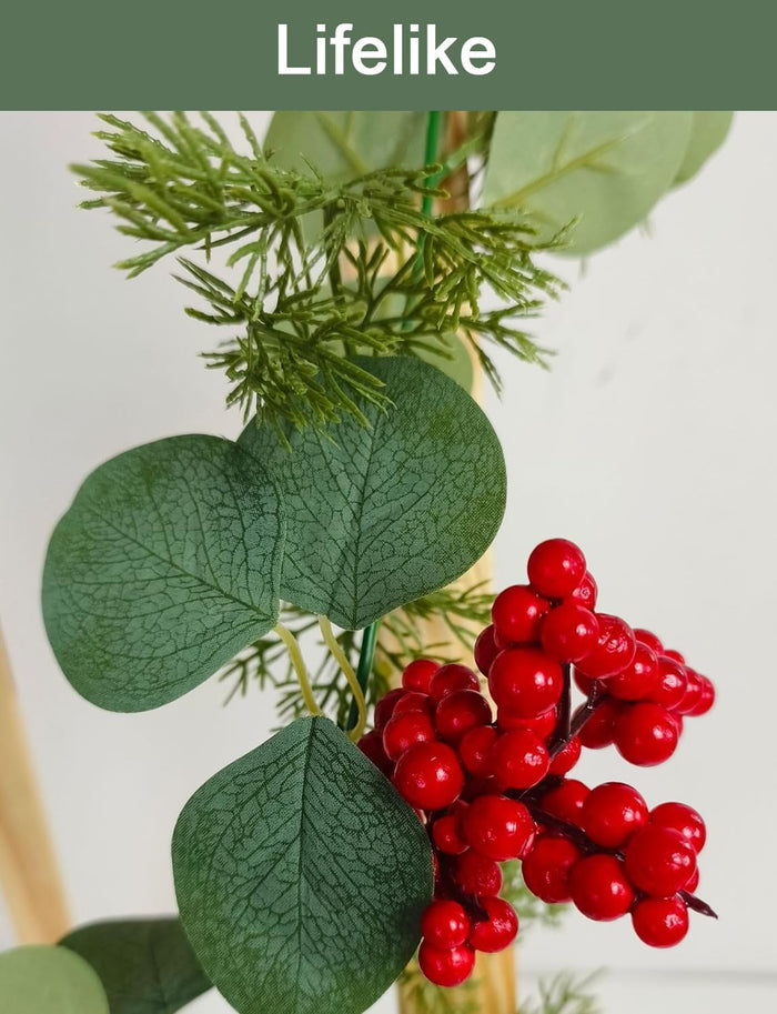 5.9 Feet Eucalyptus Leaves Red Berry Norfolk Pine Christmas Greenery Garland for Table, Mantle, Wall, Indoor, Outdoor Christmas Decorations