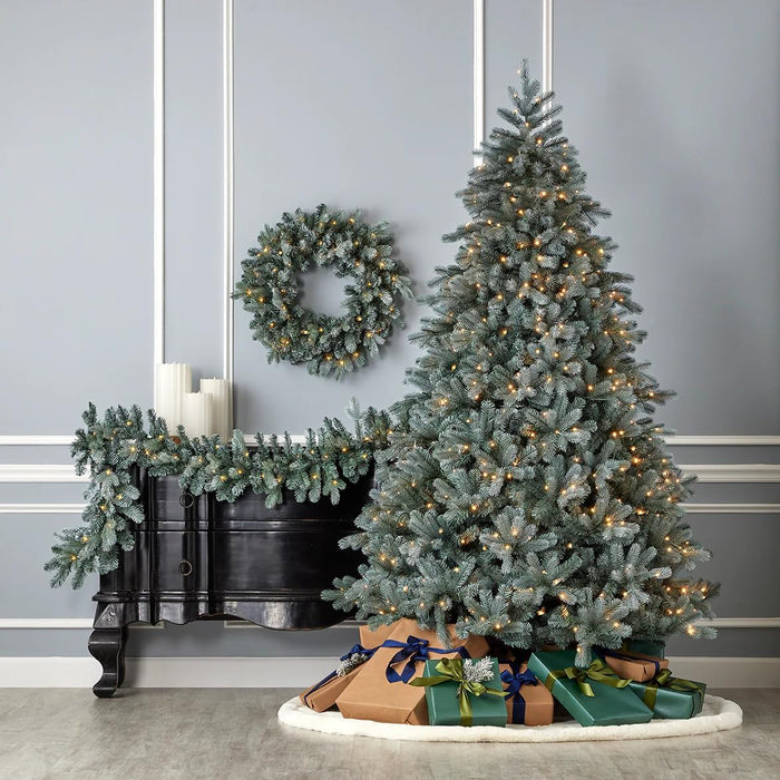 7.5FT Blue Spruce Christmas Tree by Seasonal LLC | 56" Diameter | Pre-Strung with 500 Warm White LED Lights | EZ-Connect Center Pole Light Connections | Hinged Branch Design