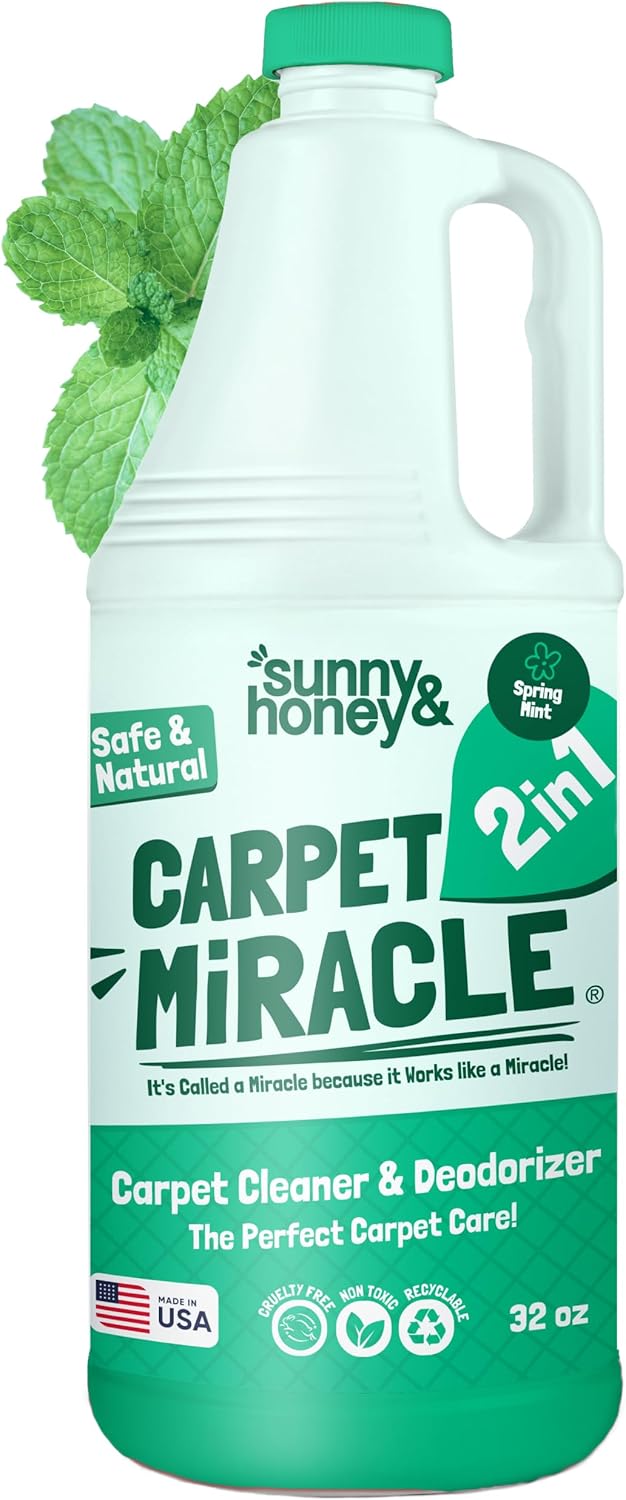 Sunny & Honey Carpet Cleaner Solution - 128 Fl Oz, Spring Mint Scent - Carpet Shampoo & Pet Stain Remover for Upholstery & Rugs, Works With Steam Cleaners