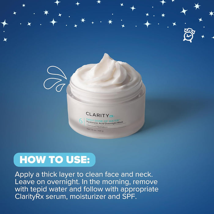 ClarityRx Daily Dose of Water Hyaluronic Acid Overnight Face Mask for Intensive Hydration, Plant-Based, Medical-Grade & Cruelty-Free
