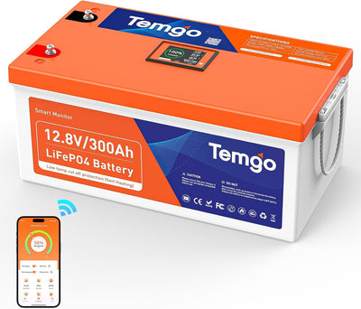 TEMGO 12V 300Ah Self-Heating LiFePO4 Lithium Battery with Smart Touch Screen & Bluetooth App, Built-in 200A BMS, 2560W Power, 5000+ Cycles, for RV, Camper, Solar, Off-Grid