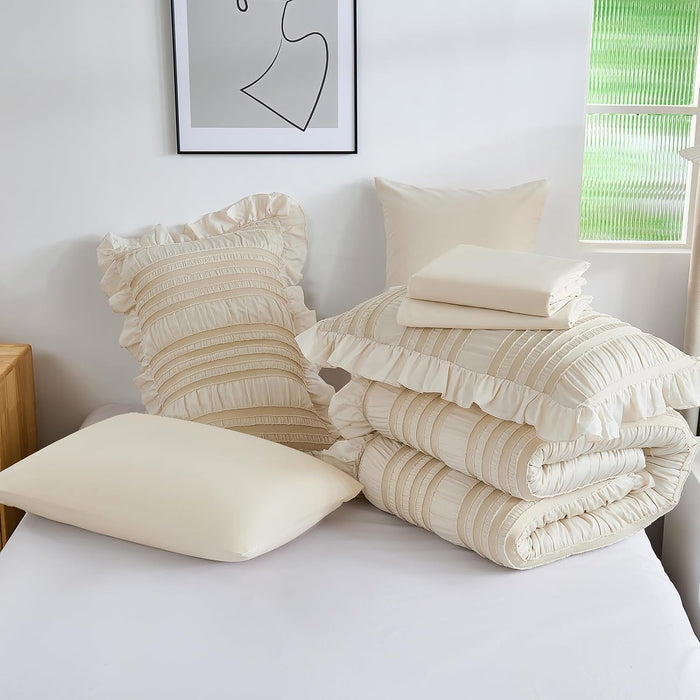 WONGS BEDDING Queen Comforter Set,Beige Cute Ruffle Comforter for Queen Bed, 7 Pieces Bed in a Bag Seersucker Shabby Chic Bedding Set 90"×90"