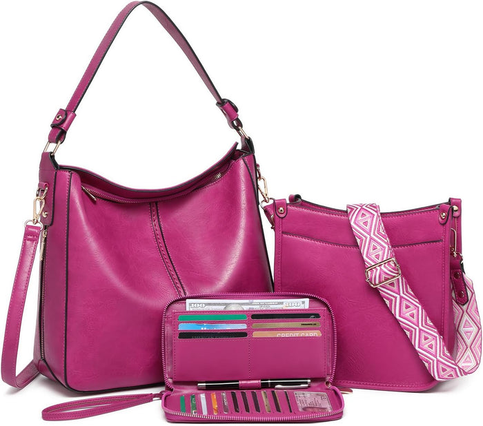 Purses for Women 3PCS, Crossbody Bags Set Large Leather Purse Shoulder Handbags with Wallet Adjustable Straps for Ladies Tote