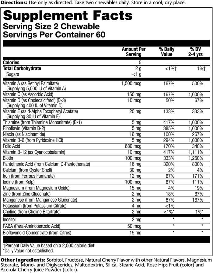SOLARAY Childrens Vitamins & Minerals Complete Multivitamin for Kids Great Black Cherry Flavor (076280047974) (120 Chews, 60 Serv)