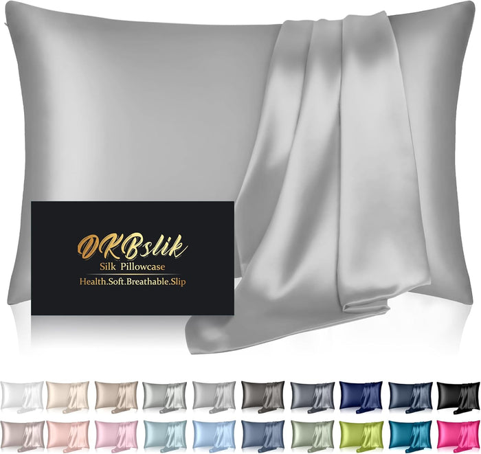 Silk Pillow Cases 2 Pack, Mulberry Silk Pillowcases Standard Set of 2, Health, Smooth, Anti Acne, Beauty Sleep, Both Sides Natural Silk Satin Pillow Cases for Women 2 Pack with Zipper for Gift,White