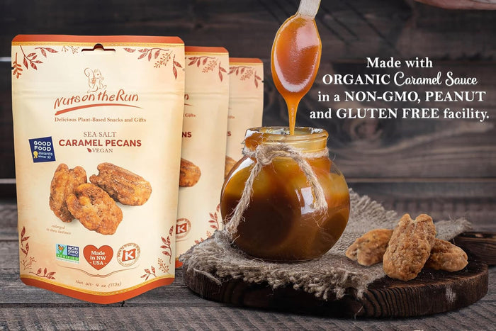 Nuts on the Run Sea Salt Caramel Pecan Pralines – Candied Pecans with Salted Caramel - Vegan, Gluten-Free, Kosher, Non-GMO Glazed Pecans – 4oz (Pack of 3 Pouch Bags) Handmade Snacks