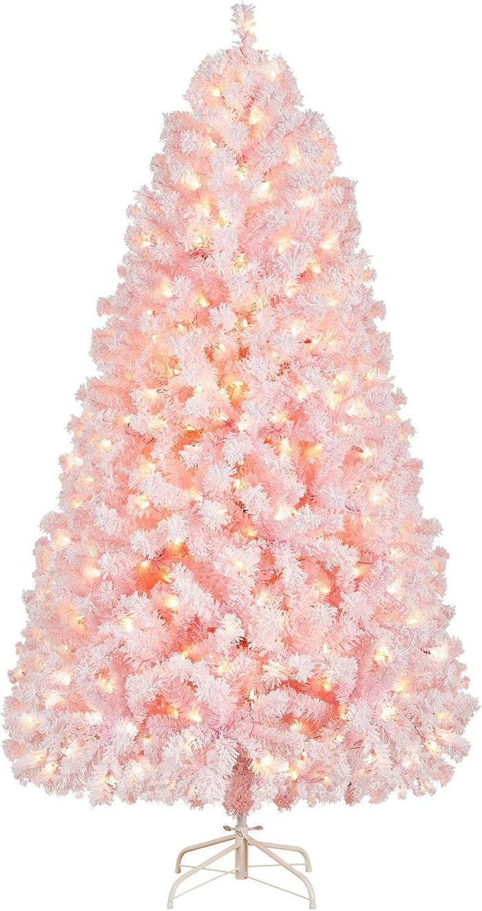 Yaheetech 4.5ft Pre-lit Artificial Christmas Tree with Incandescent Warm White Lights, Snow Flocked Full Prelighted Xmas Tree with 340 Branch Tips, 150 Incandescent Lights & Foldable Stand, Pink