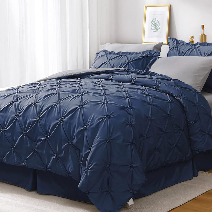 JOLLYVOGUE Grey Queen Comforter Set, 7 Pieces Pintuck Comforters Queen Size, Bed in a Bag Queen Comforter for Bedroom, Bedding Comforter Sets with Comforter, Sheets, Ruffled Shams & Pillowcases
