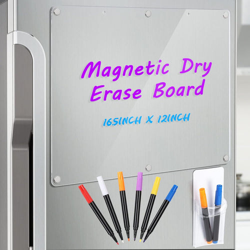 Acrylic Magnetic Dry Erase Board Calendar for Fridge, 16.5"x12" Inch Clear Dry Erase Calendar for Refrigerator, Magnetic Planning Calendars Includes 6 Colors Markers and Magnet Pen Holder
