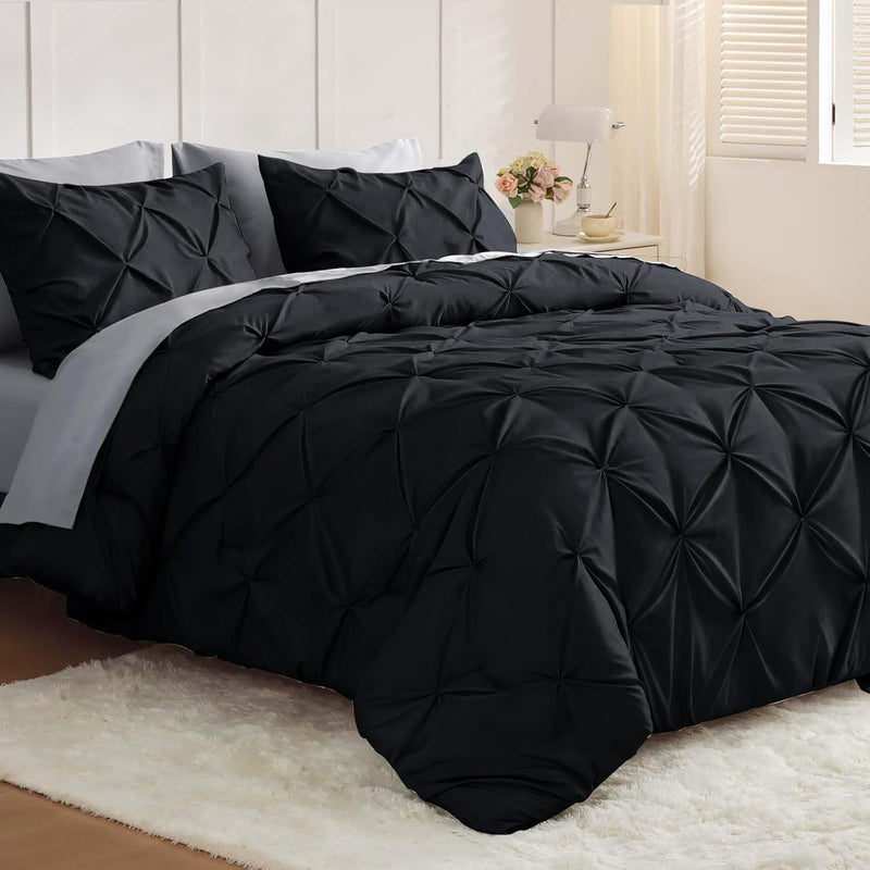 JOLLYVOGUE Queen Comforter Set 7 Pieces - Bed in a Bag Queen for All Season, Pintuck Bedding Comforter Sets with Comforter, Flat Sheet, Fitted Sheet and Pillowcases & Shams, Black