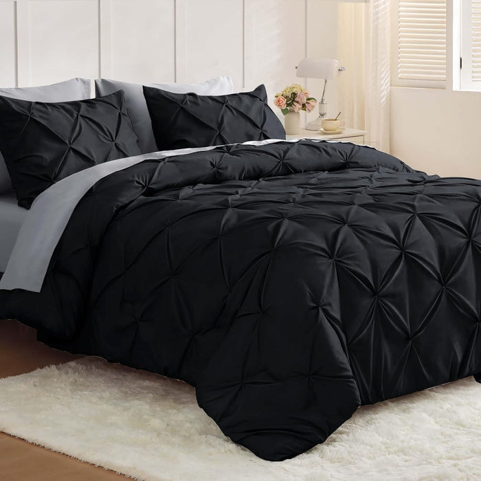 JOLLYVOGUE Queen Comforter Set 7 Pieces - Bed in a Bag Queen for All Season, Pintuck Bedding Comforter Sets with Comforter, Flat Sheet, Fitted Sheet and Pillowcases & Shams, Black