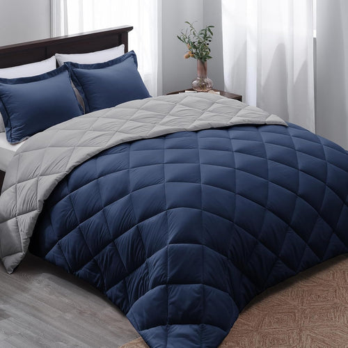 Basic Beyond Queen Comforter Set - Navy Blue Comforter Set Queen Size, Reversible Bed Comforter Queen Set for All Seasons, Navy/Grey, 1 Comforter (88"x92") and 2 Pillow Shams (20"x26"+2")
