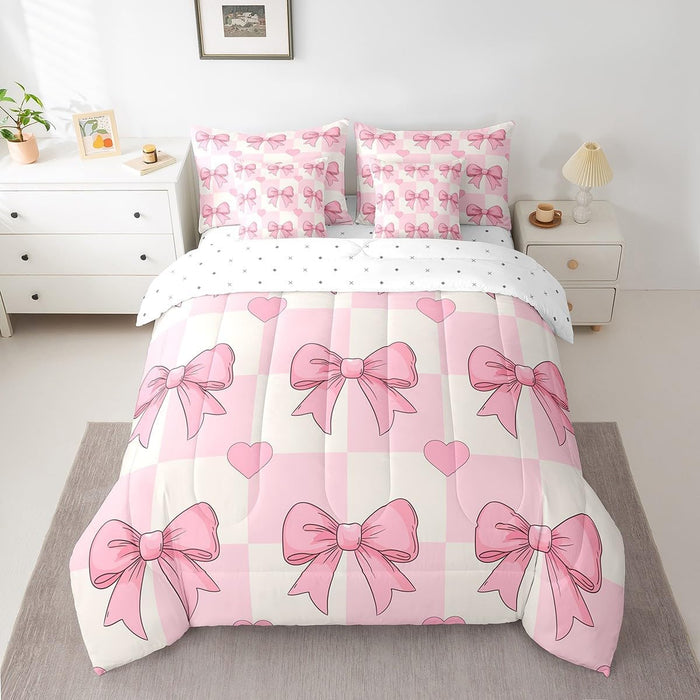 Feelyou Bow Bed Set Boys Kids Girls Twin Size Bow Pattern 7 Pieces Beeding Set Ultra Soft Cute Coquette Bow Knot Bed in a Bag with Comforter, Sheets, Pillowcases Girly Room Decor Bow Decor
