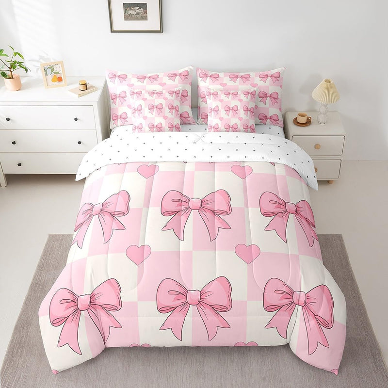 Feelyou Bow Bed Set Boys Kids Girls Twin Size Bow Pattern 7 Pieces Beeding Set Ultra Soft Cute Coquette Bow Knot Bed in a Bag with Comforter, Sheets, Pillowcases Girly Room Decor Bow Decor