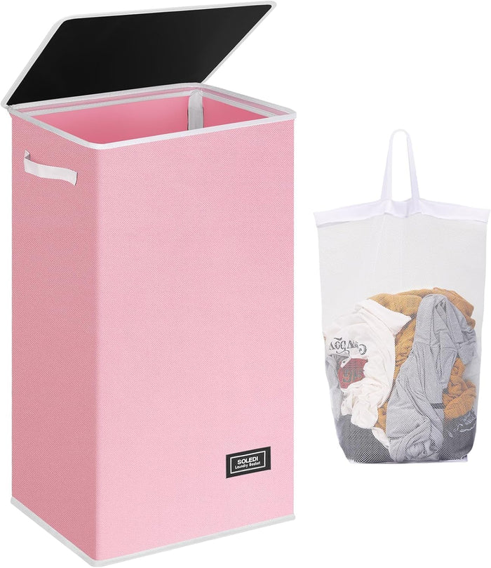 SOLEDI Laundry Hamper with Lid 100L Large & Tall Collapsible Laundry Basket, Clothes Hamper with Bag Removable Easy to Carry, Dirty Hampers for Bedroom, Bathroom, Dorm, College, Grey