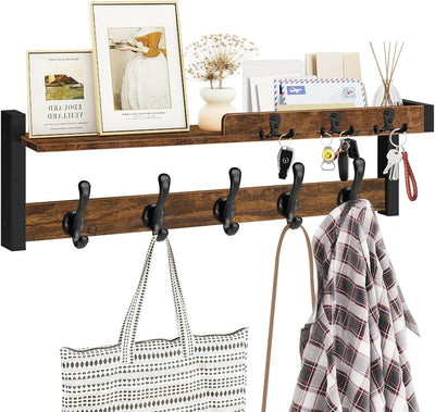 Homode Coat Rack Wall Mount with Shelf, Entryway Coat Hanger with Key Hooks and Mail Holder, 29 Inch Wood Floating Shelf with Hooks and Storage, Key Holder Mail Organizer, Rustic Brown