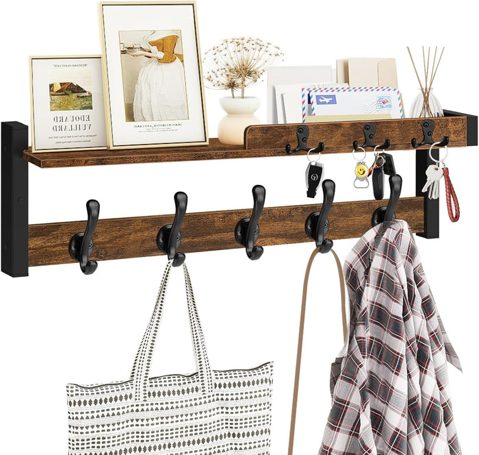 Homode Coat Rack Wall Mount with Shelf, Entryway Coat Hanger with Key Hooks and Mail Holder, 29 Inch Wood Floating Shelf with Hooks and Storage, Key Holder Mail Organizer, Rustic Brown