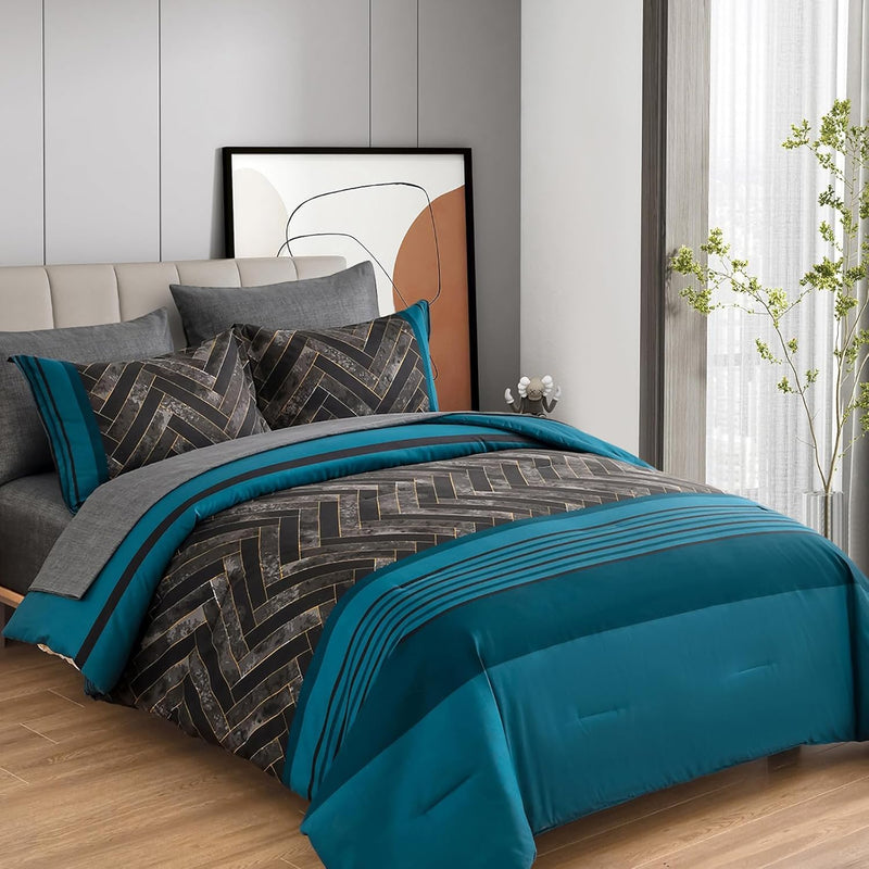 Luxudecor Burgundy Comforter Set Queen Size 7 Pieces Red and Black Stripe Bed in a Bag Geometric Comforter and Sheet Set, Soft Microfiber Complete Bedding Sets for All Seasons