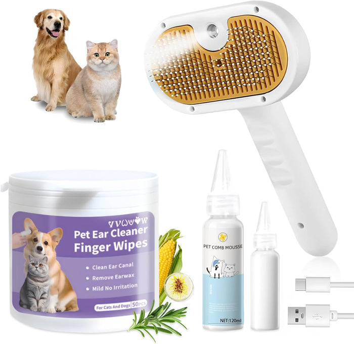 Pet Steam Brush for Dog & Cat – 3-in-1 Spray Hair Removal Comb – Steam for Shedding & Grooming – Water Brush for Long & Short Haired Pets – Spritz Defur Comb – Includes Waterless Shampoo