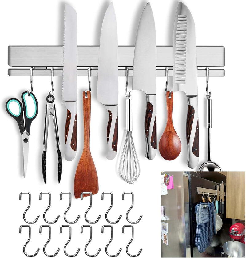 12 Inch Magnetic Knife Holder for Wall with 6 Hooks No Drill-Double Magnetic Bar Strong Adhesive Knife Magnetic Strip-Kitchen Utensil Hanger-304 Stainless Steel Magnetic Kitchen Knife Rack