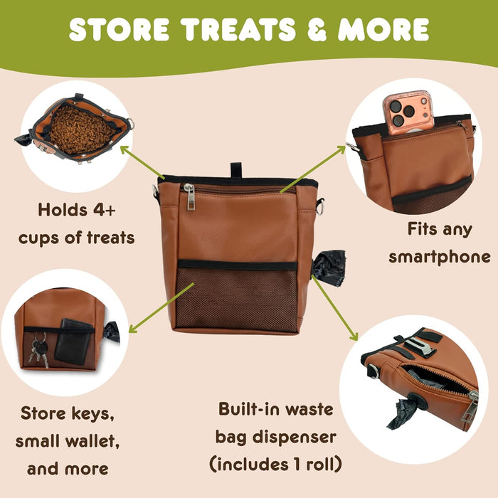 Large Dog Treat Pouch PU Leather with Clicker, Magnetic Clasp, Fits All Phones, 4 Cups, Hands-Free Pouches for Dog Training Treat Pouch, Built in Poop Bag Holder