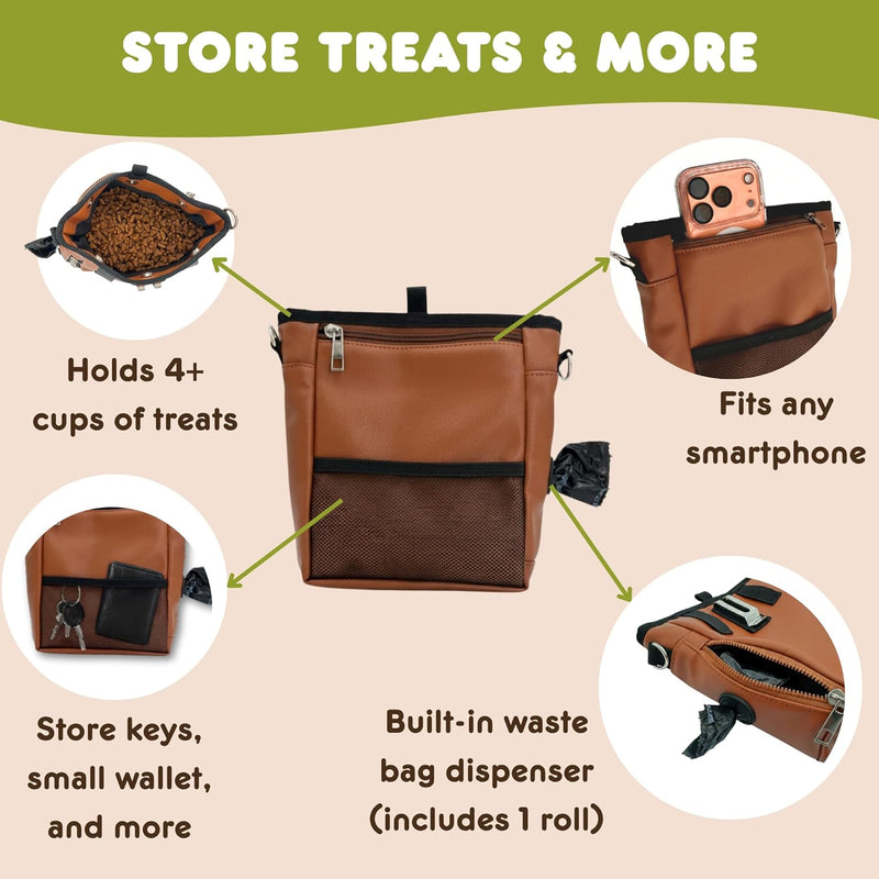 Large Dog Treat Pouch PU Leather with Clicker, Magnetic Clasp, Fits All Phones, 4 Cups, Hands-Free Pouches for Dog Training Treat Pouch, Built in Poop Bag Holder