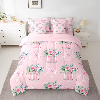 Feelyou Pink Rose Floral Bed Set Boys Girls Twin Size Romantic Roses Floral 7 Pieces Beeding Set Ultra Soft Colorful Blooming Flowers Bed in a Bag with Comforter, Sheets, Pillowcases Floral Room Decor