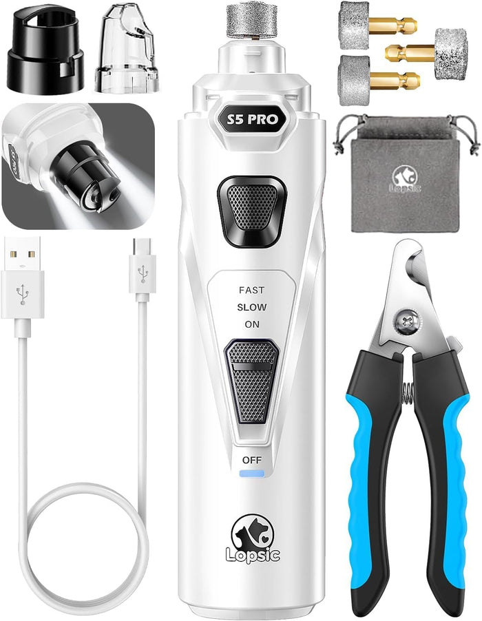 Dog Nail Grinder with 2 LED Lights Powerful 2 Speeds Super Quiet Dog Nail Trimmers with 3 Grinding Wheels Rechargeable Pet Dog Nail Clippers for Large Medium Puppy Dogs Nail File Cat Nail Clipper Blue