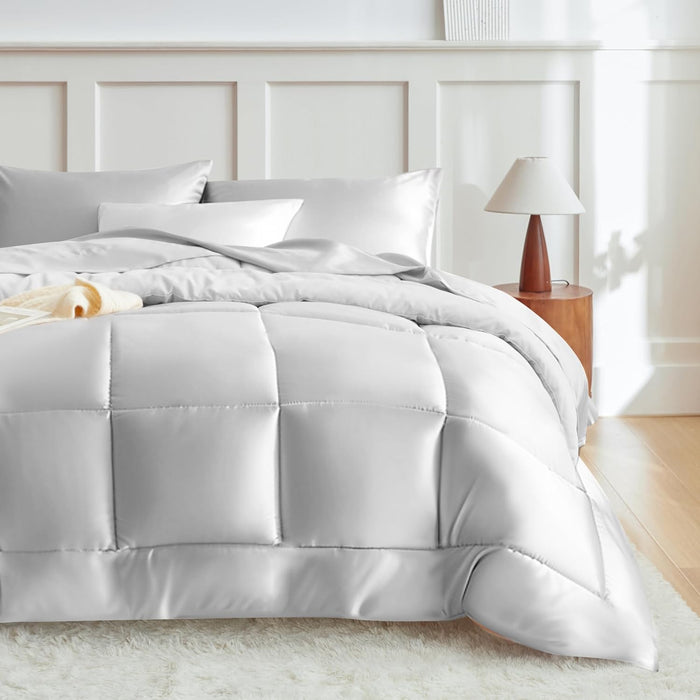 MR&HM King Size Comforter Set Black, Reversible Satin Microfiber Comforter Set for All Seasons, 3 Pieces Non-Slip Silky Soft Bedding Sets with 1 Comforter (104"x90") and 2 Pillowcases (20"x36")