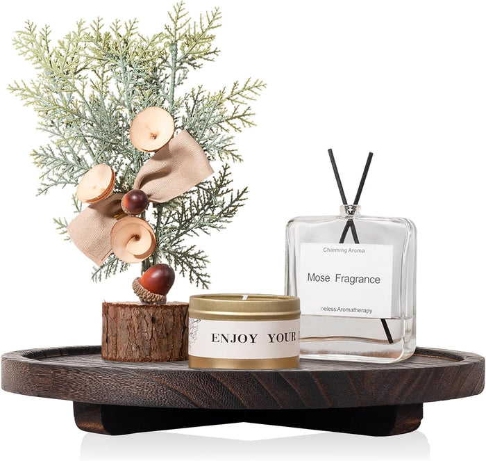 Round Decorative Tray Wood Bathroom Counter Organizer Farmhouse Kitchen Decor Wooden Riser for Soap Dish, Perfume, Candle, Sponge, 11" - Brown