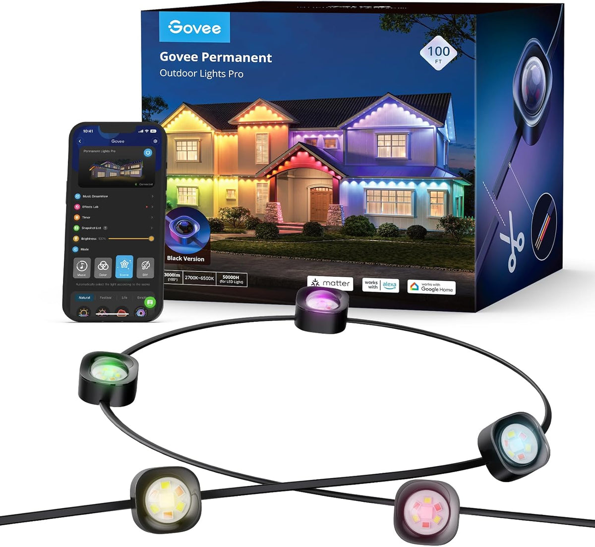Govee Permanent Outdoor Lights Pro, 200ft with 120 RGBIC LED Lights for Daily and Accent Lighting, 75 Scene Modes for Outdoor Decor, IP67 Waterproof, Works with Alexa, Google Assistant, Matter, White