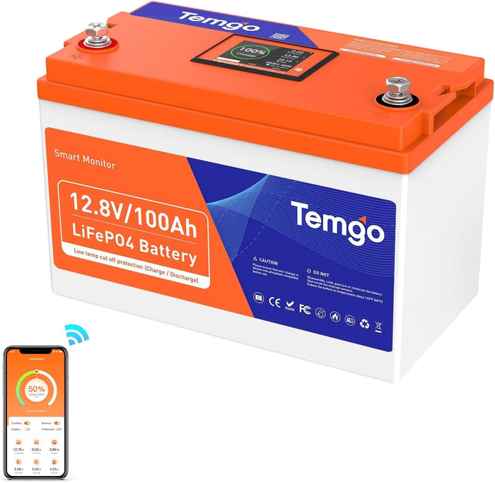 TEMGO 12V 300Ah Self-Heating LiFePO4 Lithium Battery with Smart Touch Screen & Bluetooth App, Built-in 200A BMS, 2560W Power, 5000+ Cycles, for RV, Camper, Solar, Off-Grid