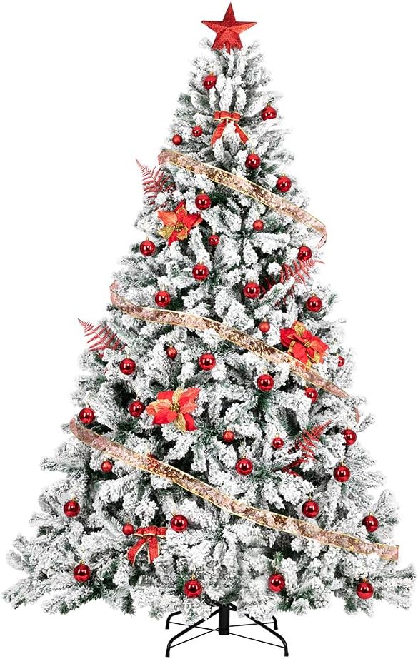 Bonnlo 7.5 ft Unlit Snow Flocked Hinged Artificial Christmas Pine Tree Full 1450 Tips Branch w/Sturdy Metal Stand for Holiday Xmas Indoor and Outdoor Decoration