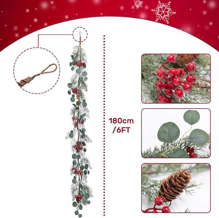LOHASBEE Christmas Garland, 6FT Festive Christmas Garland with Green Leaves, Red Berries, and Pine Cones - Perfect for Christmas Holiday Decor Garden Gate Home Wall Window Stair Decor