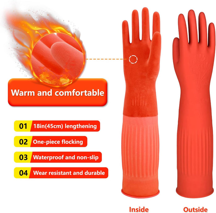 North Tower Kitchen Washing Room Gloves Fleece Lined, Reusable, Waterproof with Extra-Long Cuff & Anti-Slip Design for Household & Kitchen Use,15",2 Pairs Large