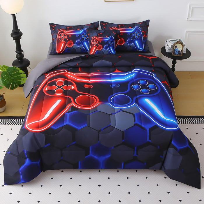 JQinHome Full Gamer Comforter Set,6 Piece Bed in A Bag 3D Video Game Bedding -All Season Down Alternative Gamer Bedding Sets - (Blue Game Controller)