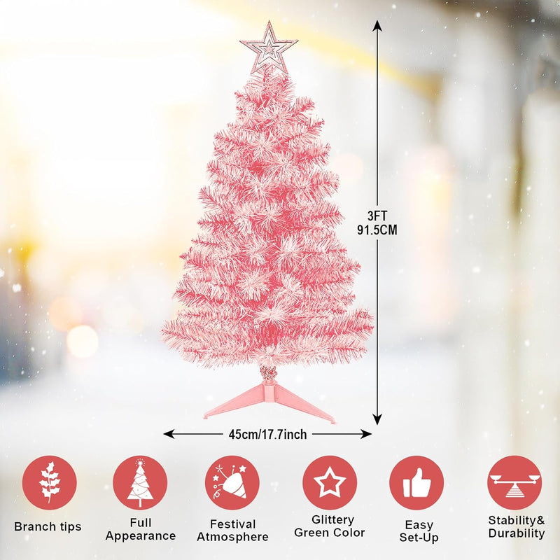 3FT Pink Premium Hinged Artificial Holiday Small Mini Christmas Tree for Tabletop,Home, Office, Indoor and Outdoor Holiday Decoration,Easy Assembly Metal Hinges & Foldable Base