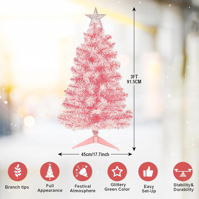 3FT Pink Premium Hinged Artificial Holiday Small Mini Christmas Tree for Tabletop,Home, Office, Indoor and Outdoor Holiday Decoration,Easy Assembly Metal Hinges & Foldable Base