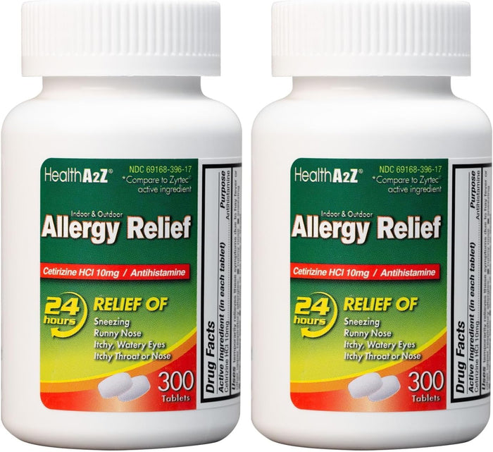 HealthA2Z® Allergy Relief | Cetirizine 10mg | All Day Allergy Relief | Indoor & Outdoor | Relief from Itchy Throat, Sneezing, Runny Noses (300 Count (Pack of 1))