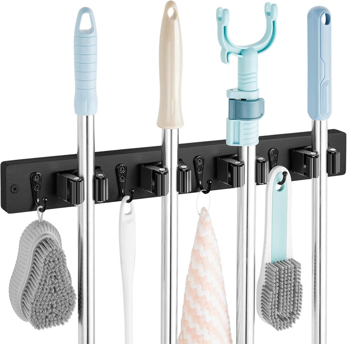 Mop and Broom Holder Wall Mount - Wood Broom Mop Hanger - Wall Mounted Garden Tool Rack Organizer for Closet Garage Laundry Room for Rustic Kitchen Decor With 5 Slots & 4 Hooks