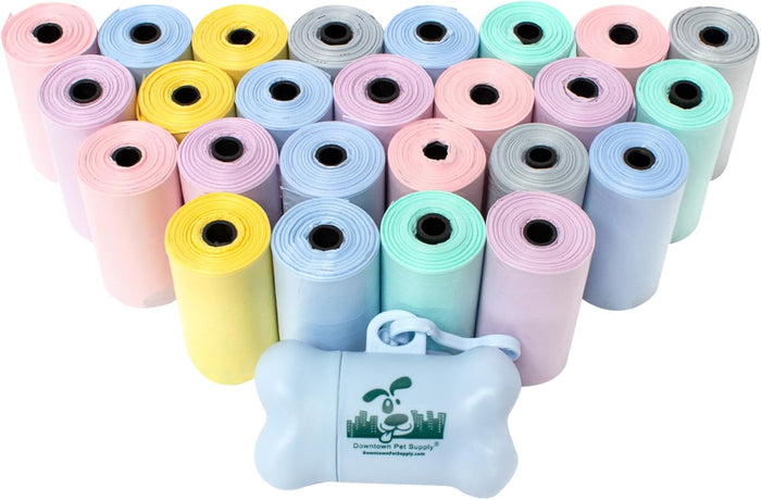 Downtown Pet Supply Dog Poop Bags with Dispenser – 1000 Count Leak-Proof Waste Bags, Eco-Friendly & Extra Strong, Easy Tear-Off Rolls with Bone-Shaped Holder – Rainbow with Holder, 12.5” x 8.5”