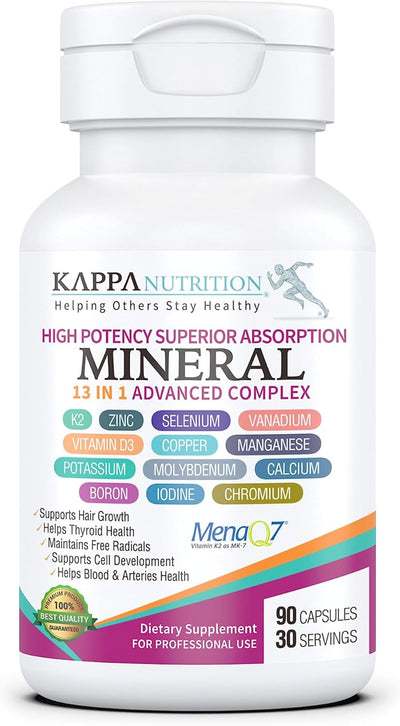 KAPPA NUTRITION (90 Capsules,Vitamin K2, Vitamin D3, Zinc, Selenium, Vanadium, Copper, Manganese, Potassium, Molybdenum, Calcium, Chromium, Iodine, Boron, Mineral 13 in 1 Advanced Complex, from