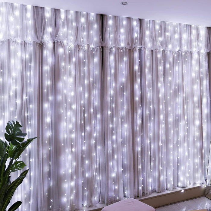 HXWEIYE 300LED Fairy Curtain Lights, 9.8x9.8Ft Warm White USB Plug in 8 Modes Christmas String Hanging Lights with Remote for Bedroom, Indoor, Outdoor, Weddings, Party