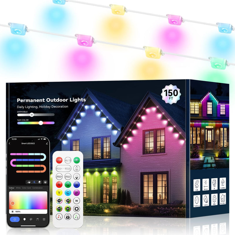 Permanent Outdoor Lights for House -Eaves Lights 50FT with 25 IC+RGBCW LED IP67 Waterproof, Smart Outside LED Christmas Light with App/Remote, Eternity Lighting for Holiday/Daily