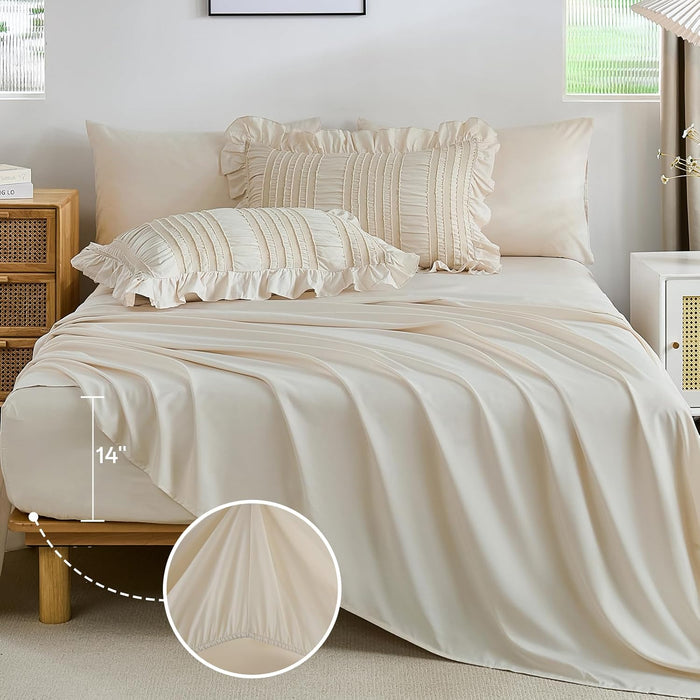 WONGS BEDDING Queen Comforter Set,Beige Cute Ruffle Comforter for Queen Bed, 7 Pieces Bed in a Bag Seersucker Shabby Chic Bedding Set 90"×90"