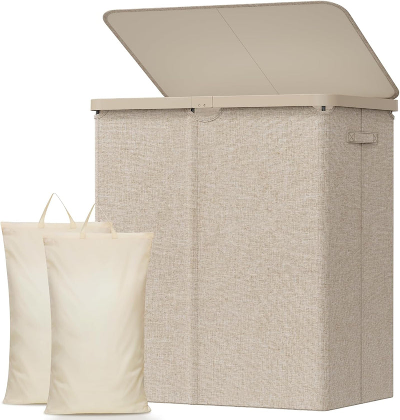 Lifewit 105L Laundry Basket with Lid, Large Laundry Hamper with Plastic Handles and Removable Bag, Foldable Tall Dirty Clothes Hampers for Laundry for Laundry Room, Bedroom, Bathroom, Dorm, Beige