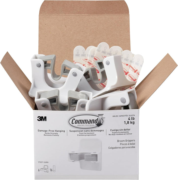 Command Broom and Mop Grippers, 3 Hangers and 6 Command Strips, Damage-Free Hanging Wall Mount Broom and Mop Holder, Household Cleaning Organizer for Organization and Storage, Holds up to 4 lb