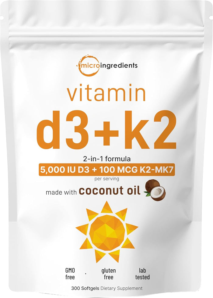 Micro Ingredients Vitamin D3 10,000 IU + K2 MK-7 200 mcg, 300 Softgels | Virgin Coconut Oil | 2-in-1 Bone, Immune & Heart Support | Easy to Swallow, Non-GMO